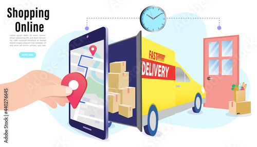 Hand holding smartphone tracking delivery truck arriving at door with boxes and clock. Concept of online shopping e-commerce, fast logistics service, real-time order timing, and last mile supply.