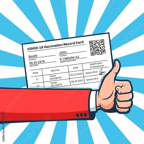 Vaccination certificate and thumbs up - vector poster temolate. Covid-19 Vaccination record card.
