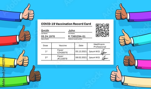 Vaccination record card with with approving hand gestures thumbs up. Vector illustration.