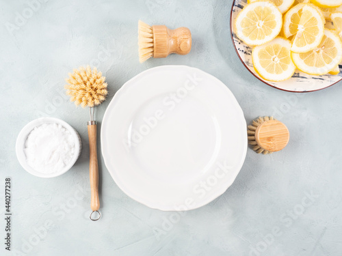 Zero waste plastic free dish house washing brush and natural cleaning product lemon and baking soda