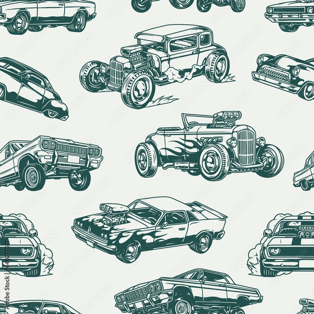 American custom cars vintage seamless pattern