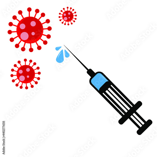 vector graphic illustration of injections and the corona virus that will be eradicated by the vaccine