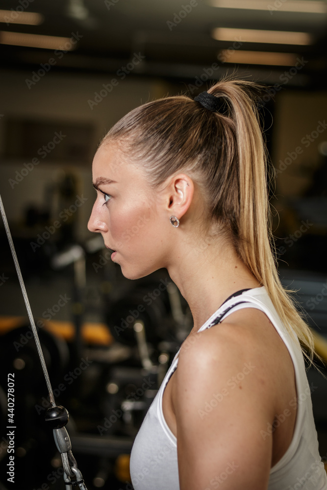 Concept of healthy lifestyle. Profile of a young blond working out a a gym. Gym workout. Bikini model at the gym. Sexy girl working out.Triceps work out. 