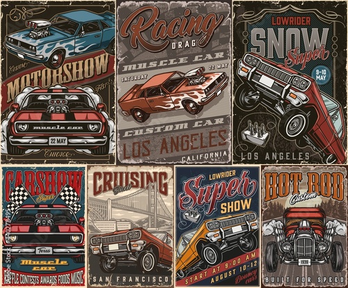 American custom cars colorful posters set