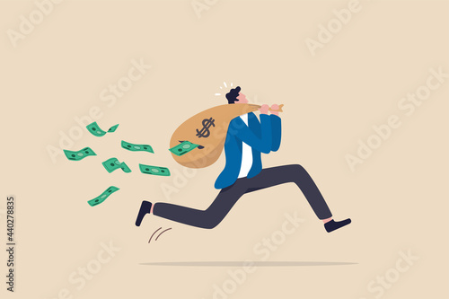 Lose money while trying to get out of stock market in crisis or recession  investment risk or fraud  mutual fund expense and cost concept  businessman running with money bag  banknotes fall from hole.