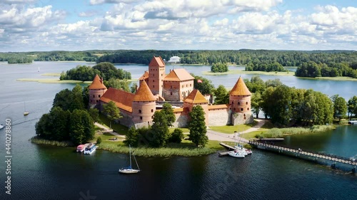 TRAKAI ISLAND CASTLE, TRAKAI, LITHUANIA. Aerial footage of Trakai Castle on an island in Lake Galvė. 