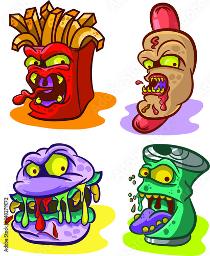 A collection of Monster Fast Food. Soda,Burger,scary fries,and a horrible Hot Dog. 