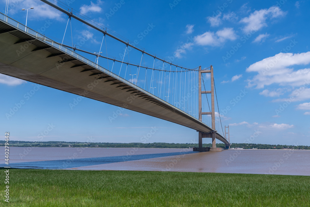 Humber Suspension Bridge with grass foreground