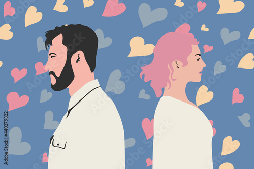 Love man woman relationship concept, hard love concept. Man and woman back to back. Hearts in background. Complicated love, communication problem, separation, love therapy.