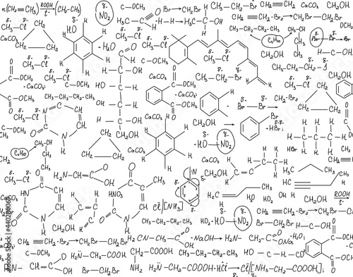 Chemistry vector seamless endless texture with handwritten chemistry formulas. Scientific educational background