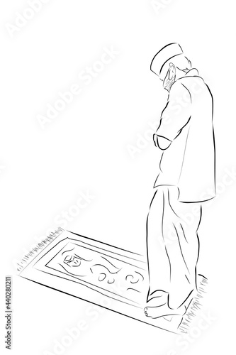 Simple Vector Hand Draw Sketch, Muslim or islam man, using Mask, shalat or pray at prayer mat