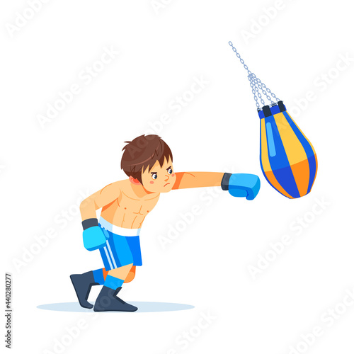 Boxer teen with bags of sand Boxing. Fitness, sport, exercise, willpower and the concept of lifestyle. Cartoon vector illustration on white background.