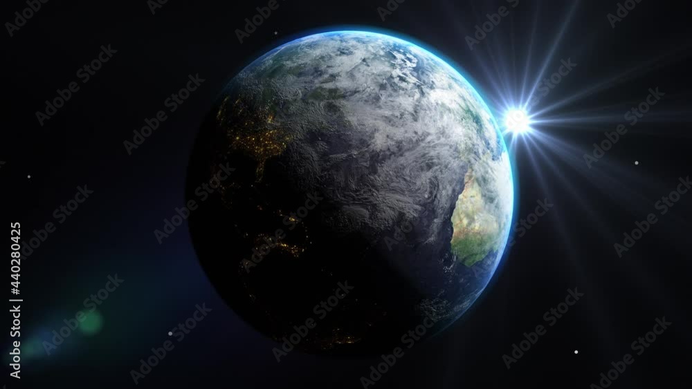 Sunrise and shadow on the earth rotate in space with star in universe. World realistic atmosphere 3D volumetric clouds texture surface. Elements of this image are furnished by NASA Sunrise and shadow on the earth rotate in space with star in universe. World realistic atmosphere 3D volumetric clouds texture surface. Elements of this image are furnished by NASA