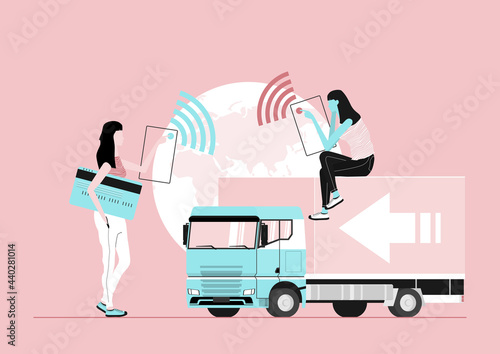 International shopping concept. Two women ordering goods online. Flat vector.