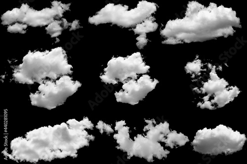 Set of clouds white on a isolated black background.