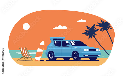 Car, surfboard and recliner on background of abstract tropical landscape. Vector flat style illustration.