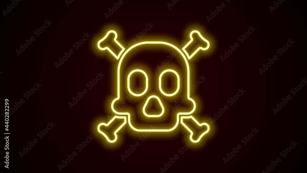 Glowing neon line Bones and skull as a sign of toxicity warning icon isolated on black background. 4K Video motion graphic animation Glowing neon line Bones and skull as a sign of toxicity warning icon isolated on black background. 4K Video motion graphic animation