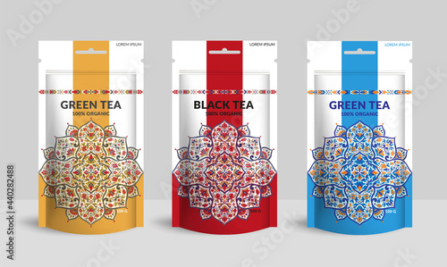 Colorful tea packaging design with zip pouch bag mockup. Vector ornament template. Elegant, classic elements. Great for food, drink and other package types. Can be used for background and wallpaper.