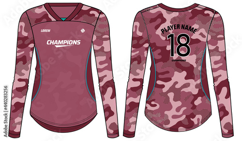 Women Long Sleeve Sports Jersey t-shirt design in camouflage pattern Illustration suitable for girls and Ladies for Volleyball jersey, Football, Soccer and netball. Sport uniform kit for sports