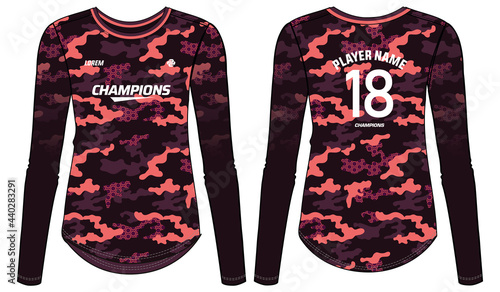 Camouflage women Long Sleeve Sports Jersey t-shirt design concept Illustration suitable for girls and Ladies for Volleyball jersey, Football, badminton, Soccer, netball and tennis, Sport uniform kit
