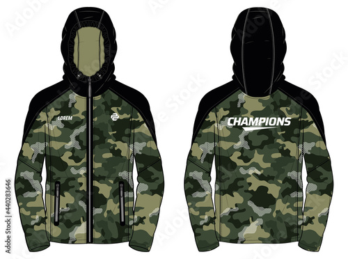 Long sleeve Hoodie jacket design with Camouflage print in vector, Hooded bomber jacket with front and back view, hooded winter jacket for Men and women. for training, Running and workout in winter