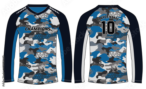 Camouflage Long sleeve Racing t shirt, Sports jersey design concept vector template, abstract pattern Motocross jersey concept with front and back view , Cricket, football, Volleyball uniform designs