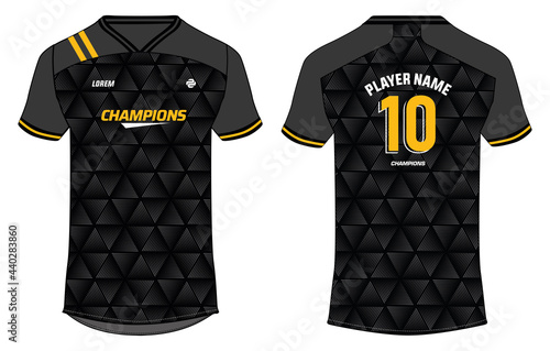 Sports t-shirt jersey design concept vector template, v neck Football jersey concept with front and back view for Soccer, Cricket, Volleyball, Rugby, tennis, badminton uniform kit