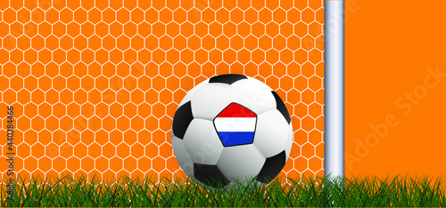 Goalpost, and goal net texture for ball in goal. Soccer ball or football witht flag of the Netherlands Vector orange background banner. wk, ek play model. Sport finale. Holland, duch 2020, 2021, 2022