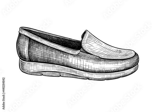 Hand drawn sketch of one moccasin isolated on a white background. Concept of comfort shoes in modern casual style. Side view. Vector illustration