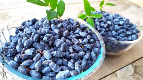 Honeysuckle berries in a glass dish on a wooden background close-up. Side view. Selective focus. The first spring healthy berries with vitamins. Farming, gardening, summer harvest concept. 
