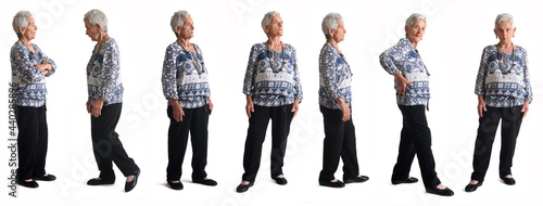 front, back, side wiew and walking of same woman on white background
