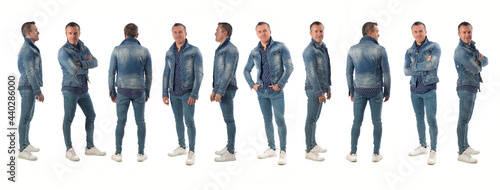 linr of various poses same man with denim clothing on white background