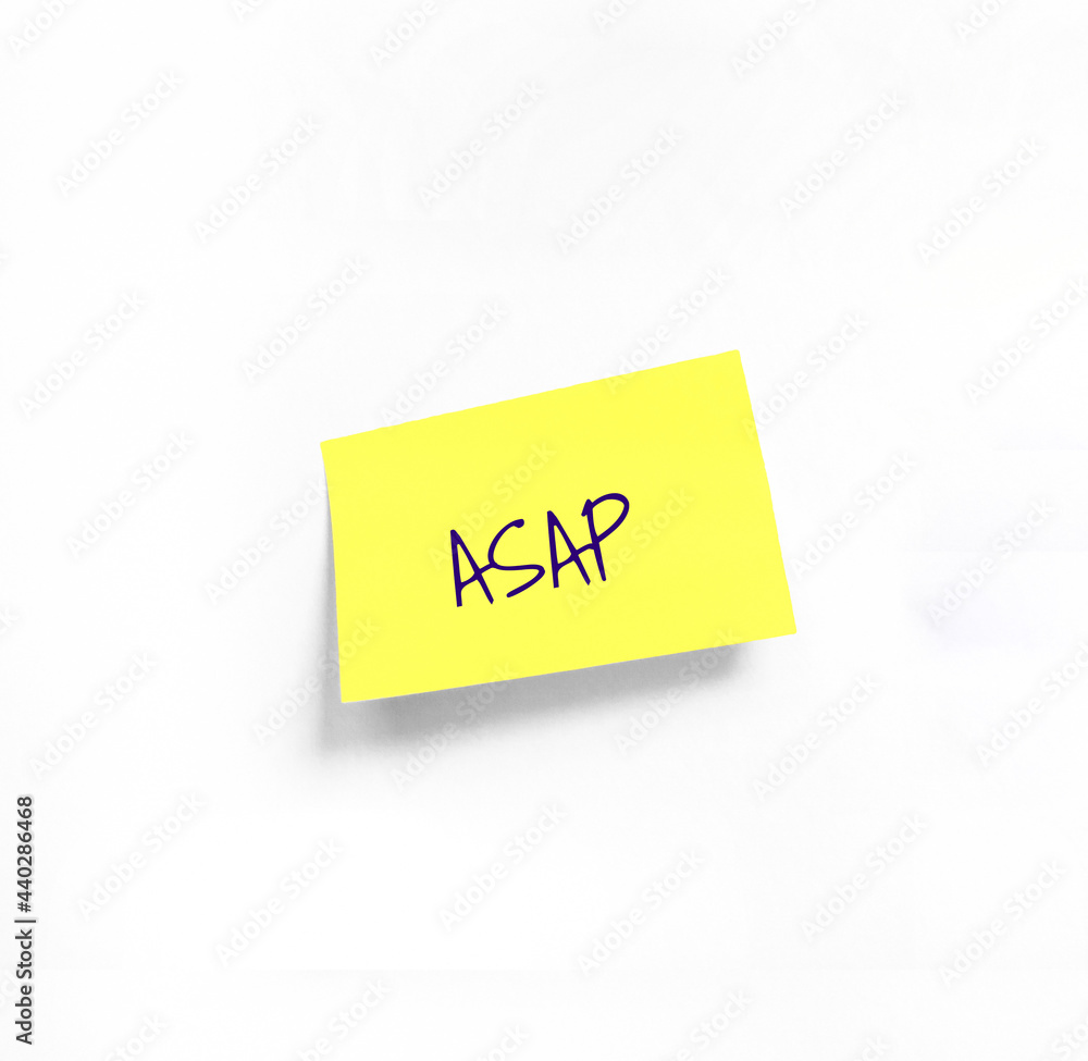 Isolated Yellow sticker with ASAP Handwriting text on white Whatman paper. Concept programming, testing, business. Handwriting text, copy space Isolated Yellow sticker with ASAP Handwriting text on white Whatman paper. Concept programming, testing, business. Handwriting text, copy space