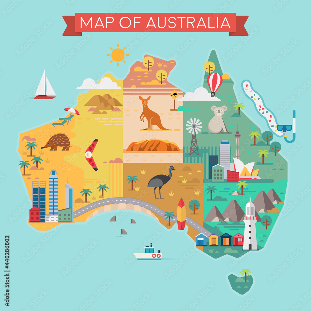 Map of Australia. Colorful landmarks.