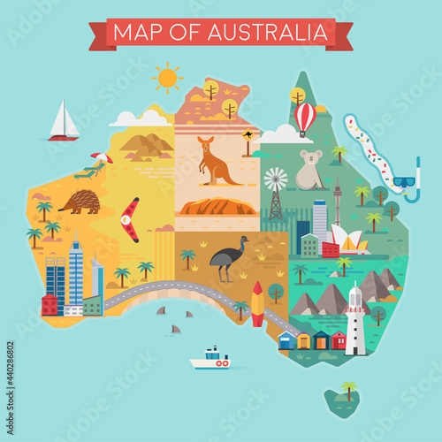 Map of Australia. Colorful landmarks.