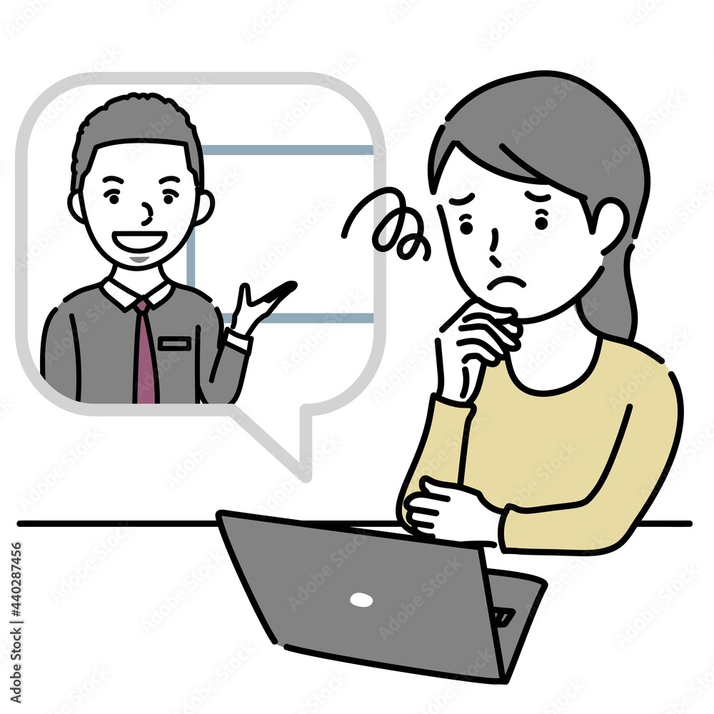 外国人男性講師からオンラインで説明を受けて困る女性のイラスト素材 外国人男性講師からオンラインで説明を受けて困る女性のイラスト素材