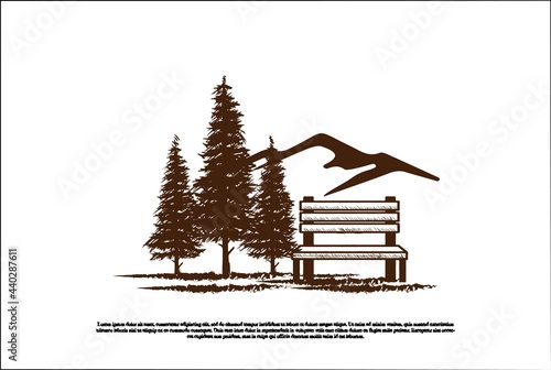 Rustic Vintage Mountain Hill with Pine Cedar Conifer Evergreen Larch Trees and Wooden Bench for Garden Park Logo Design Vector