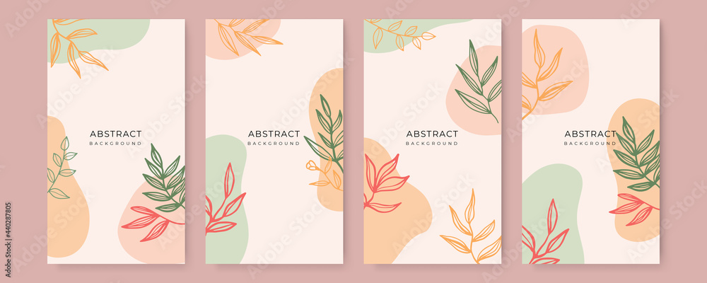Fototapeta Abstract floral leaves art background vector. Gingko and botanical line art wallpaper. Luxury cover design with text, blog texture and brush style. floral art for wall decoration background prints.