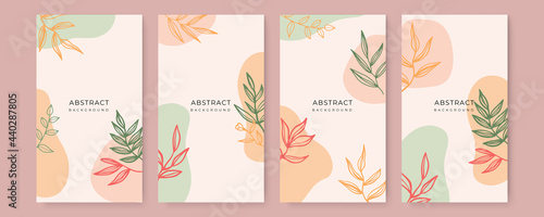 Abstract floral leaves art background vector. Gingko and botanical line art wallpaper. Luxury cover design with text, blog texture and brush style. floral art for wall decoration background prints.