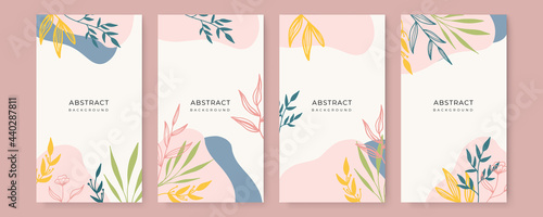 Abstract floral leaves art background vector. Gingko and botanical line art wallpaper. Luxury cover design with text, blog texture and brush style. floral art for wall decoration background prints.