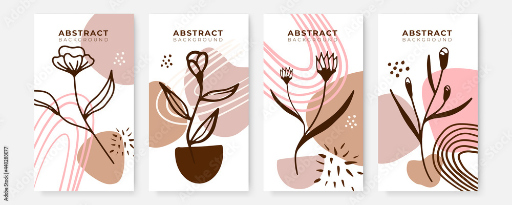 Stories background of creative minimalist hand draw illustrations floral outline lily pastel biege simple circle shape for wall decoration, postcard or brochure cover design, banner beauty web cite
