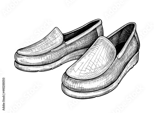 Hand drawn sketch of moccasins isolated on a white background. Concept of comfort shoes in modern casual style. Side view. Vector illustration