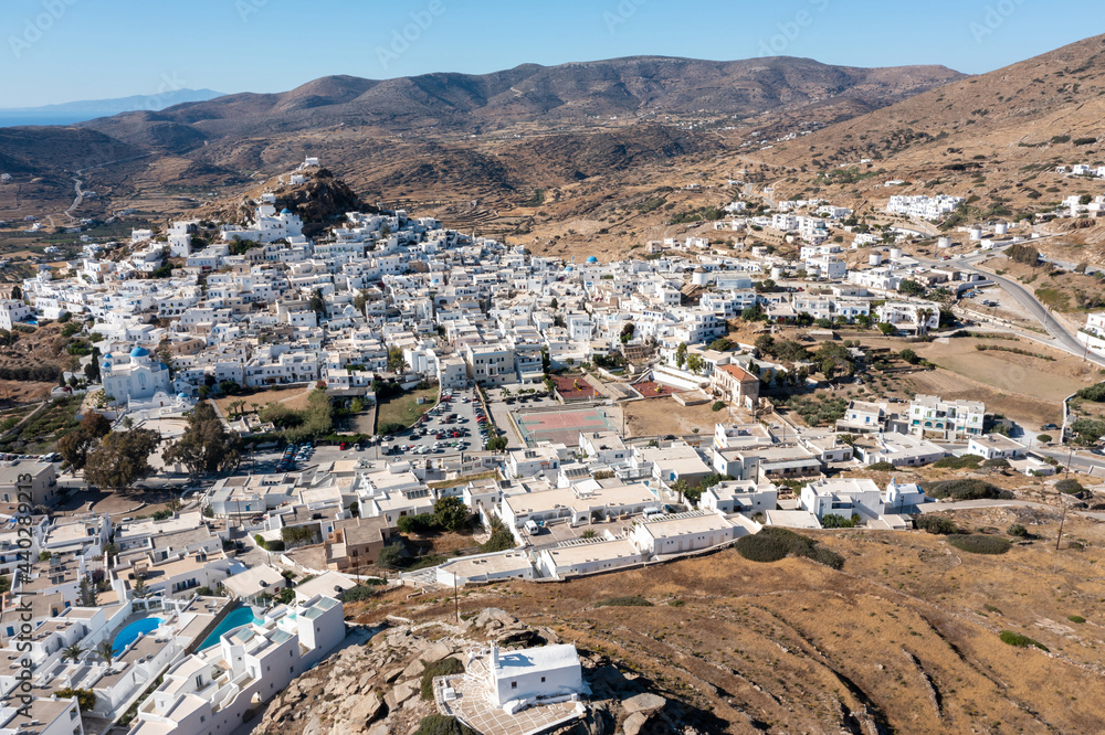 Cyclades, Greece. Ios island, aerial drone view of Chora town