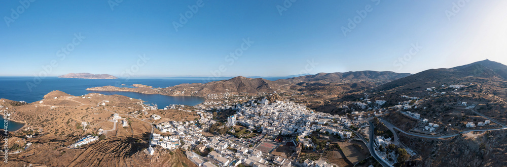 Ios island, Greece, Cyclades. Panoramic aerial drone view of Chora town
