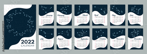 2022 calendar. Calendar concept design with constellation of the zodiac. Week starts on Sunday. Vector illustration. Set of 12 calendar pages.