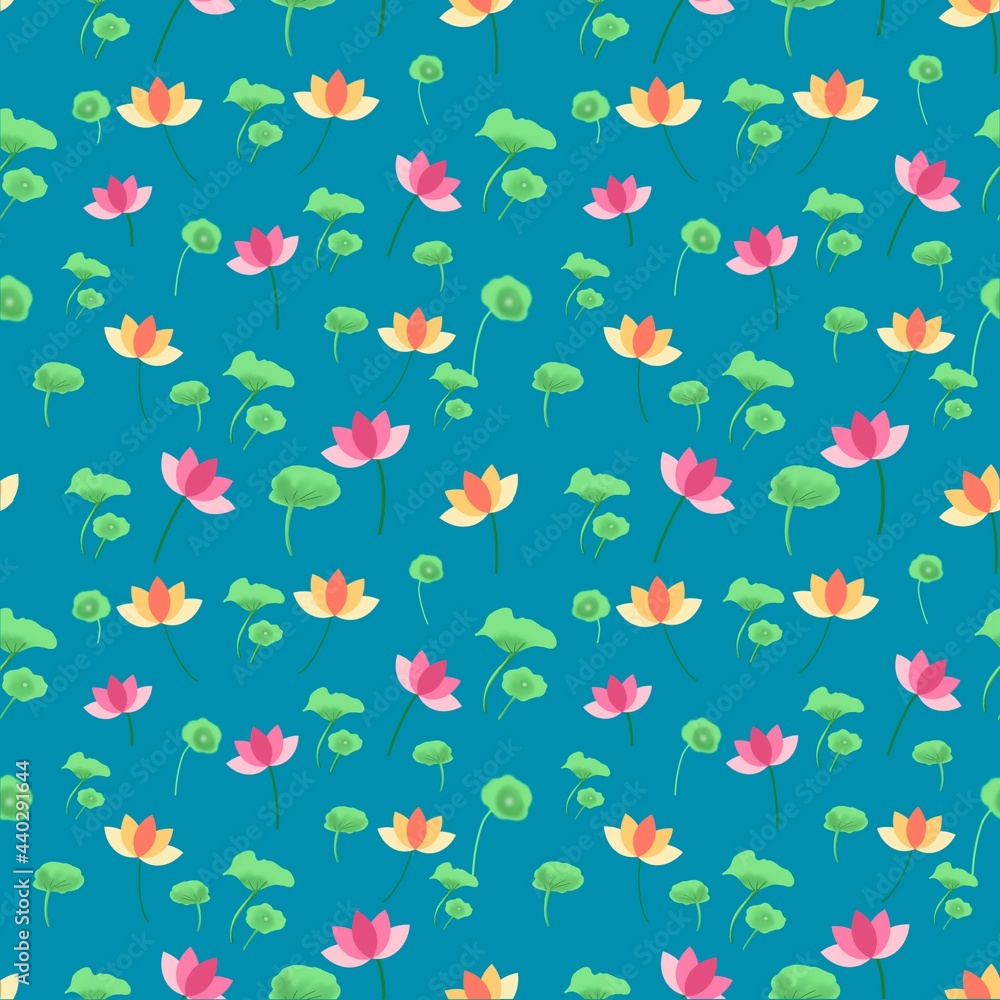 seamless pattern of flowers lotus and leaves on blue background seamless pattern of flowers lotus and leaves on blue background