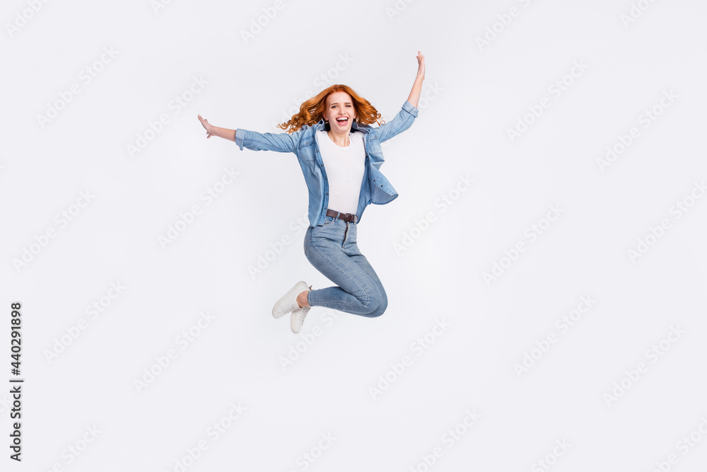Full length photo of attractive young nice woman jump up happy mood travel isolated on grey color background