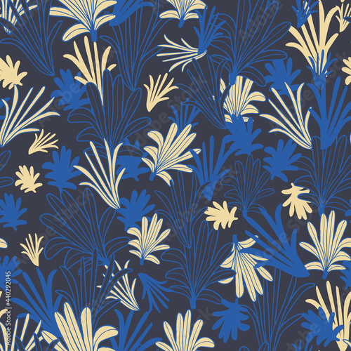 Vector blue yellow leaves tropic seamless pattern