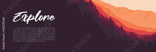 explore forest mountain flat design vector banner template good for web banner, ads banner, tourism banner, wallpaper, background template, and adventure design backdrop	