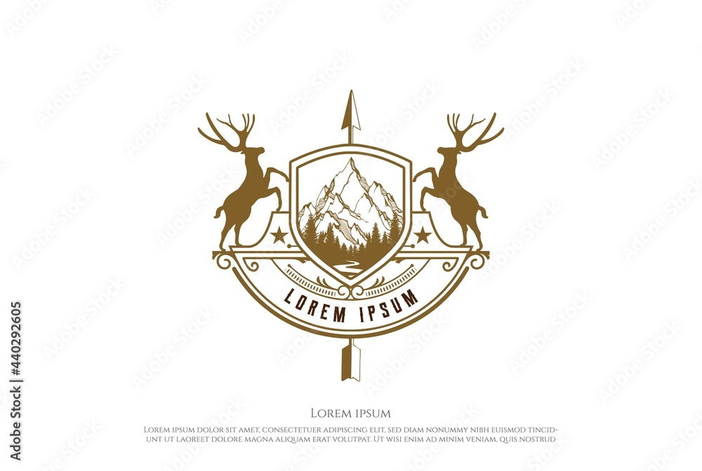 Shield Deer with Arrowhead Badge Emblem for Hunting Adventure Logo Design
